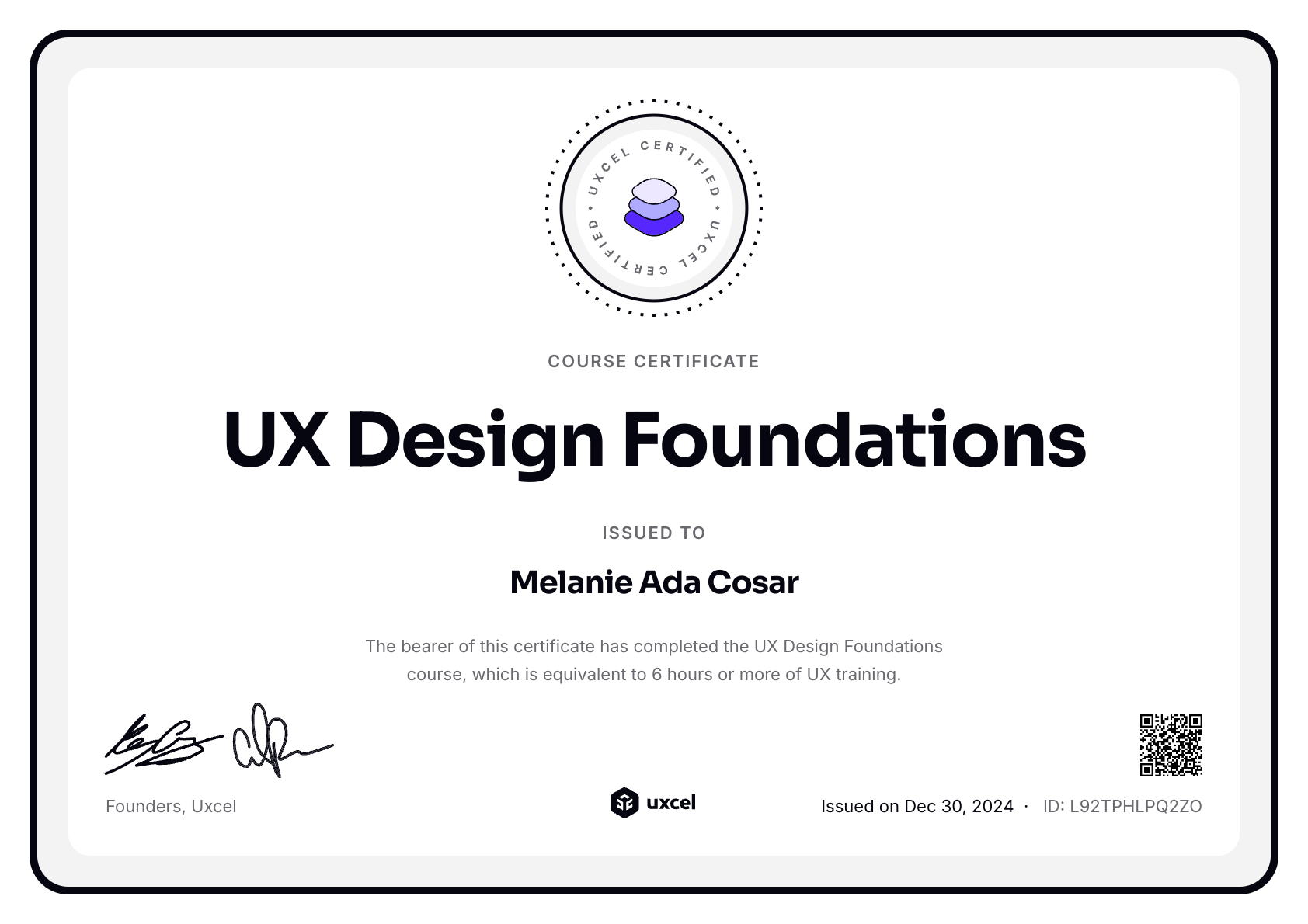 Melanie Ada Coşar's certificate